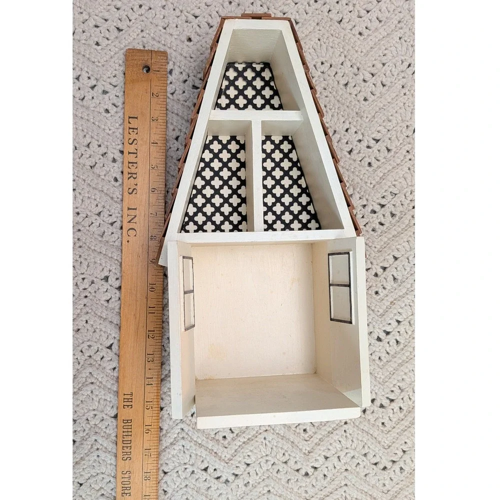 Handmade Wooden A-Frame House Shadow Box Wall Shelf Shingle Roof Cream 15in